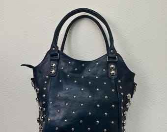 Handmade Denim Blue Leather Studded Tote Bag – Rock Chic Shoulder Bag for Women, Large Everyday Purse, Boho Punk Style Handbag, Gift for Her