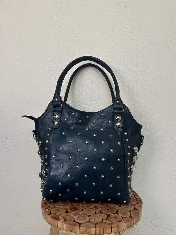 Handmade Denim Blue Leather Studded Tote Bag – Rock Chic Shoulder Bag for Women, Large Everyday Purse, Boho Punk Style Handbag, Gift for Her