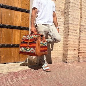 Handmade Moroccan Kilim Leather Weekender Bag: Berber Travel Duffel