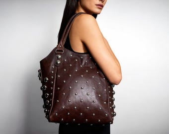 Dark Brown Leather Tote Bag with Silver Studs – Stylish Boho Chic Shoulder Purse for Women, Everyday Handbag, Perfect Gift for Her