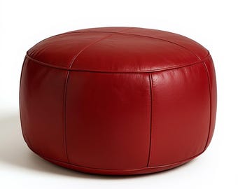 Red Genuine Leather Pouf Ottoman Handmade in Morocco – Round Leather Footstool, Moroccan Ottoman, Boho Living Room Decor (Unstuffed)