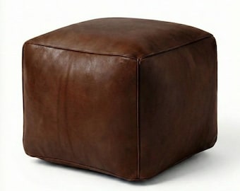Chocolate Brown Leather Pouf Ottoman – Handmade Square Floor Pouffe –Modern Footstool, Living Room Accent Seat • Boho Home Decor (Unstuffed)