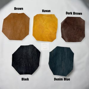 May include: Five irregularly shaped leather swatches in various colors: brown, havan, dark brown, black, and denim blue. Each swatch has a textured surface and is labeled with its respective color name in black text.