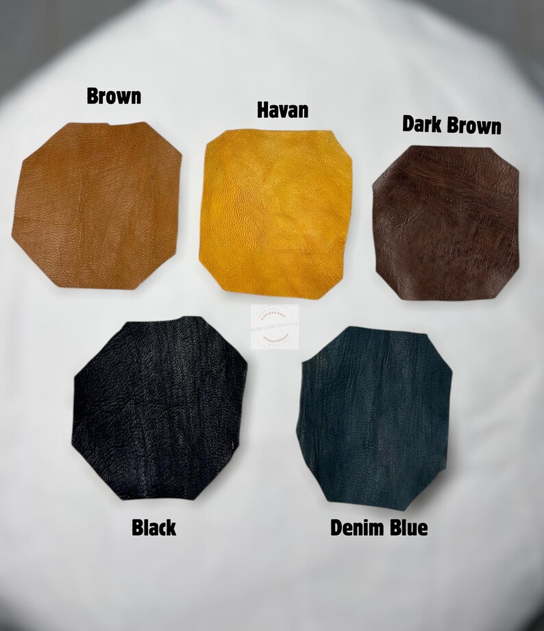 May include: Five irregularly shaped leather swatches in various colors: brown, havan, dark brown, black, and denim blue. Each swatch has a textured surface and is labeled with its respective color name in black text.
