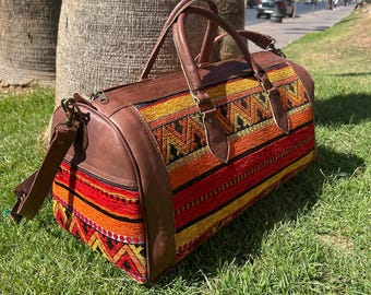 Handcrafted Boho Leather & Kilim Travel Bag – Weekend Duffel with Moroccan Pattern