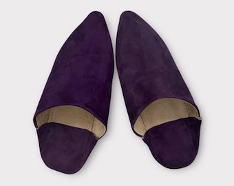 Purple Pointed Moroccan Babouche Slippers – Handmade Suede Mules – Indoor Leather Shoes for Women