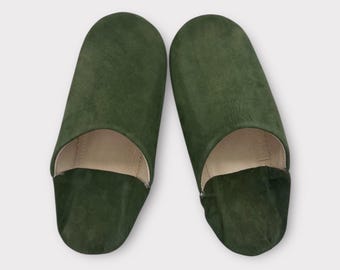 Handmade Kaki Suede Babouche Slippers: Moroccan Leather Indoor Shoes