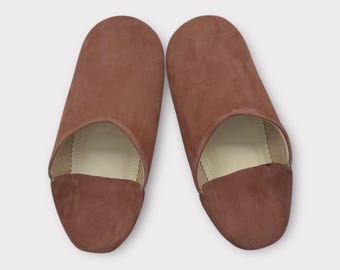 Powder Pink Moroccan Leather Babouche Slippers: Soft Suede Indoor Shoes