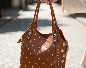 Handmade Brown Leather Tote Bag with Silver Studs | Boho Western Shoulder Bag | Large Everyday Purse | Genuine Leather Handbag |Gift for Her