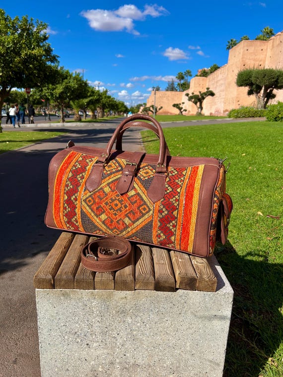 Moroccan Bag, Leather Travel Bag, Bohemian Bag, kilim travel handbag, Handmade Weekender Bag, Artisanal Moroccan