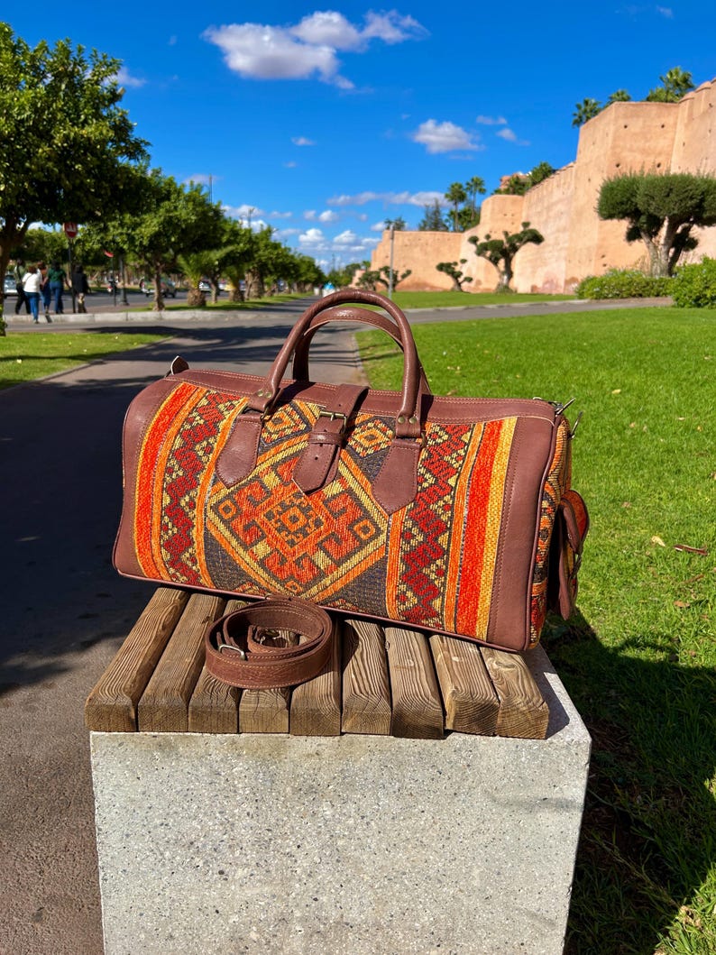 Moroccan Bag, Leather Travel Bag, Bohemian Bag, kilim travel handbag, Handmade Weekender Bag, Artisanal Moroccan image 1