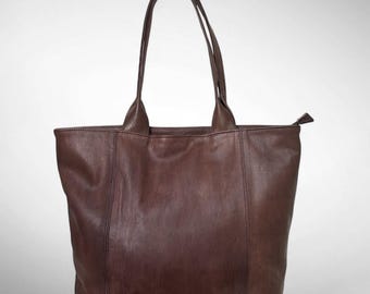 Handmade Dark Brown Leather Tote Bag | Zippered Shoulder Bag