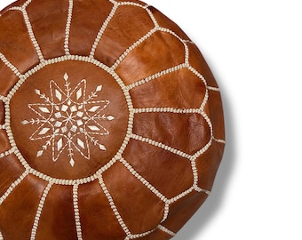 Brown Moroccan Leather Pouf Ottoman – Handmade Round Footstool, Boho Floor Cushion, Genuine Leather Pouffe, Unstuffed , Living Room Decor
