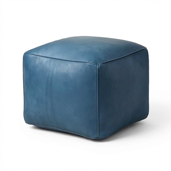 Blue Leather Pouf Ottoman –Handmade Square Floor Cushion | Modern Footstool for Living Room |Minimalist Home Decor Accent Seating(Unstuffed)