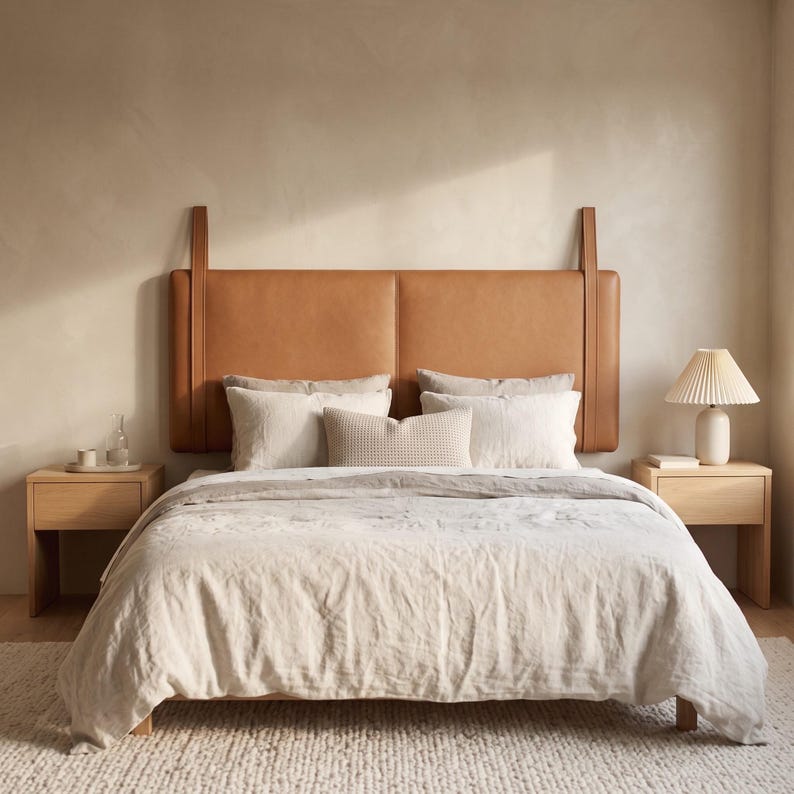 Brown Leather Headboard, Handmade Wall Mounted Bed Headboard With ...