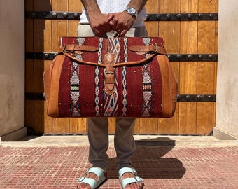 Personalized Red Moroccan Kilim Leather Duffel Bag: Berber Boho Weekender