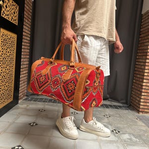 Handmade Moroccan Leather and Kilim Duffel Bag - Travel Weekender Bag