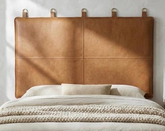 Handmade Brown Leather Headboard – Genuine Leather, Moroccan Artisan Bed Headboard, Luxury Rustic Bedroom Decor, Wall Mounted Headboard