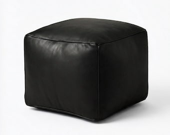 Puf de cuero genuino negro / Otomana cuadrada hecha a mano, reposapiés de cuero natural, decoración moderna minimalista de lujo para el hogar (sin relleno)