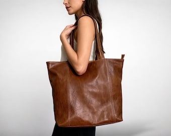 Leather Tote Bag, Handmade Brown Bag with Zipper, Everyday Shoulder Bag, Genuine Leather Work Tote, Women’s Purse Gift