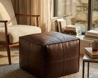 Pouf marocchino in vera pelle marrone scuro (non imbottito), poggiapiedi quadrato ottomano, cuscino da pavimento rustico fatto a mano, decorazione per soggiorno in stile vintage