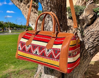 Moroccan Kilim Weekender Bag • Red Berber Travel Duffle • Leather Overnight Bag • Boho Tribal Carpet Bag • Handmade Carry-On Luggage