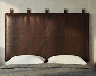 Dark Brown Moroccan Leather Headboard, Handmade Genuine Leather Wall Headboard, Above Bed Wall Decor, Luxury Rustic Bedroom Style