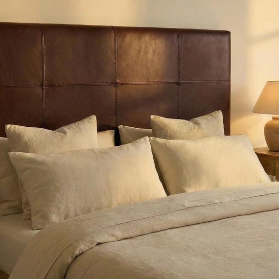 Dark Brown Genuine Leather Headboard – Handmade Moroccan Upholstered Headboard, Custom Size & Color, Luxury Bedroom Decor