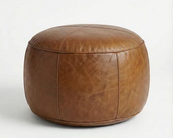 Tan Genuine Leather Pouf Ottoman Handmade in Morocco – Round Leather Footstool, Moroccan Ottoman, Modern Boho Decor
