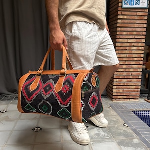 Personalized Kilim Leather Travel Bag: Berber Carpet Weekender Duffel