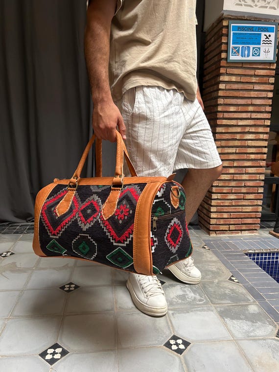 Moroccan Kilim Leather Travel Bag Handmade Weekender Bag