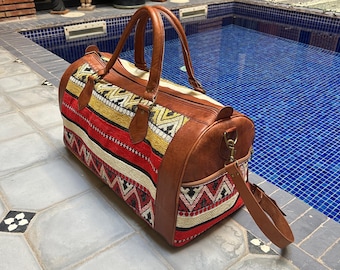 Handmade Leather Kilim Duffle Bag: Moroccan Weekender Travel Bag