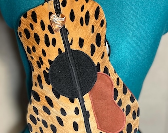 Animal print crossbody guitar shaped bag / adjustable strap / one of a kind / faux fur / music gift/ FREE DOMESTIC SHIPPING