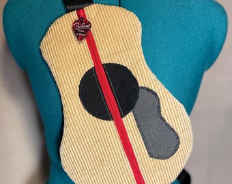 Corduroy crossbody guitar shaped bag / adjustable strap / one of a kind / music gift / FREE DOMESTIC SHIPPING