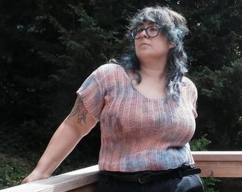 Handknit Cotton Top – Ribbed V-Neck Tee, Earthy Sunset Colors