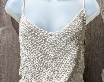 Handmade Crochet Crop Top – Beige Cotton Rayon Boho Festival Top