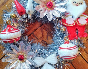 Handmade Vintage Inspired Tiny Christmas Wreath with Foil Reflectors, Santa, shiny Brite tiny ornaments, christmas bulbs, shakers and bow