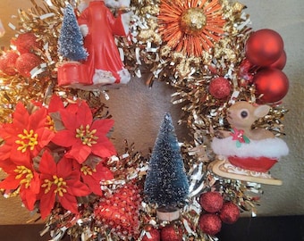 Vintage Inspired Tinsel Wreath Using ornaments, christmas girl, santa mouse, made in Japan