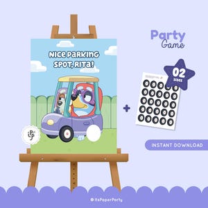 Fissa la ruota sulla macchina delle nonne, la macchina di Jannet e Rita, bel posto auto Rita, gioco di società per bambini, poster e cartelli gioco festa divertente per bambini