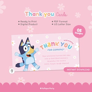 Bluey Dankeskarten, druckbare Bluey Karten, Bluey Party Favor Tags, digitale Bluey Notes, Pastell Bluey Danke, Bluey Geburtstags-Briefpapier