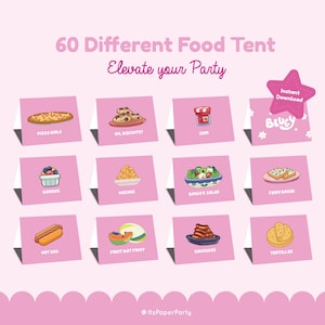 60 carpas de comida para fiestas de cumpleaños de color rosa, etiquetas de comida para fiestas de color rosa, suministros para tarjetas de lugar para fiestas, tarjetas de centro de comida de color rosa, carpas de comida