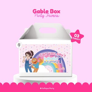 Étiquette de boîte à pignon Mme Rachel, modèle d'étiquette de cadeau Mme Rachel Party Box, étiquette de sac cadeau Mme Rachel, étiquette de sacs cadeau fête