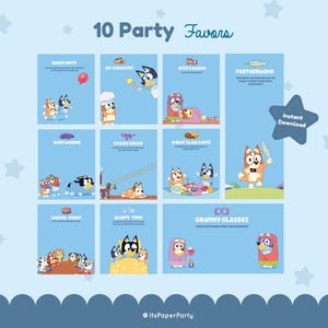 10 Bluey Party Favor Printables Blaue Farbe, Birthday Party Treat Blundles, 10 Party Favor Labels, Keepy Uppy, Grandma Glasses, Sticky Gecko