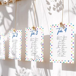 Panneaux plan de table unitaire petits coeurs colorés personnalisable pour anniversaire, signalétique de mariage, modèle plan de table 6PC