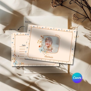 Anuncio de nacimiento sencillo con flores silvestres, anuncio original, llegada de bebé, anuncio de nacimiento personalizable e imprimible en Canva