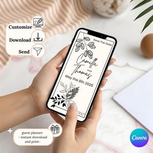 Faire part mariage anniversaire baby shower bohème, faire-part avec téléphone original, carte invitation numérique minimaliste avec feuilles