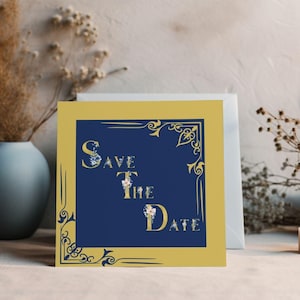 Save the date carré vintage bleu nuit, modèle modifiable d'invitation de mariage et téléchargeable
