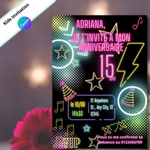 carte invitation anniversaire néon noir et multicouleurs, personnalisable sur canva, pdf invitation personnalisable, fête 14 ans 15 ans