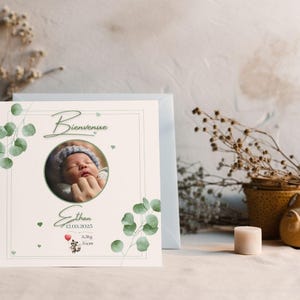 Anuncio de nacimiento cuadrado de eucalipto, anuncio de nacimiento original y sencillo, llegada de bebé, editable y personalizable en Canva