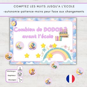 Op de afbeelding: Een printbare aftelkaart met de titel "Combien de DODOS? avant l'école" met een stapel boeken, kleurpotloden, een regenboog en wolken. De kaart bevat ronde uitsparingen van dieren op manen en gele sterren voor het bijhouden van dagen.